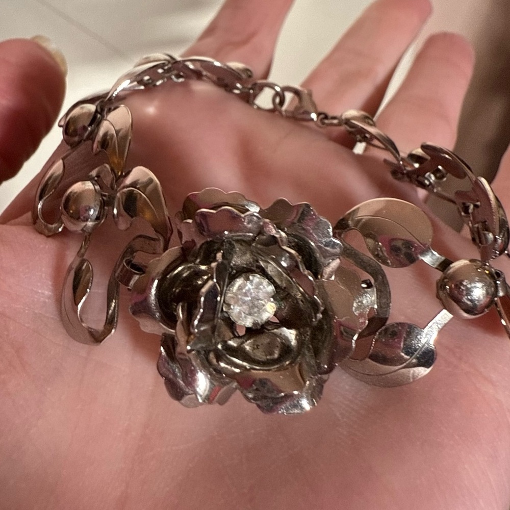 Silver Floral Rose Bracelet with Center Crystal